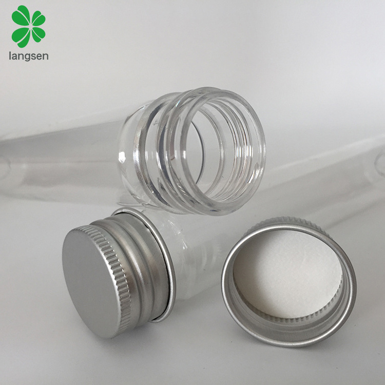 Plastic PET 65ml clear test tube bottle with aluminum screw cap plastic flat base bottom for cosmetic face mask, candy, food