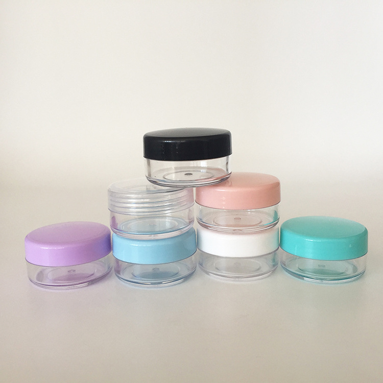 Hot sell 10g 10ml plastic clear pot jar container with black white clear pink purple green blue screw cap lid for cosmetics