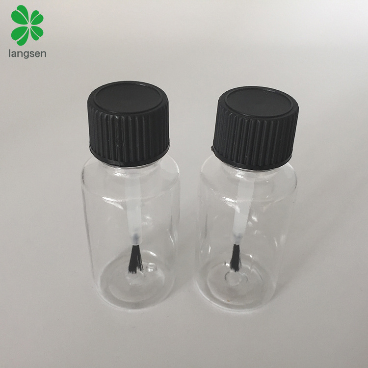 Empty 20ml plastic PET transparent bottle with black brush lid applicator, glue, touch up paint, nail oil container bottle