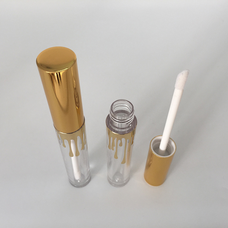 4ml plastic round clear lip gloss tube with gold metal cap, empty refillable lip gloss lip balm tube bottle container