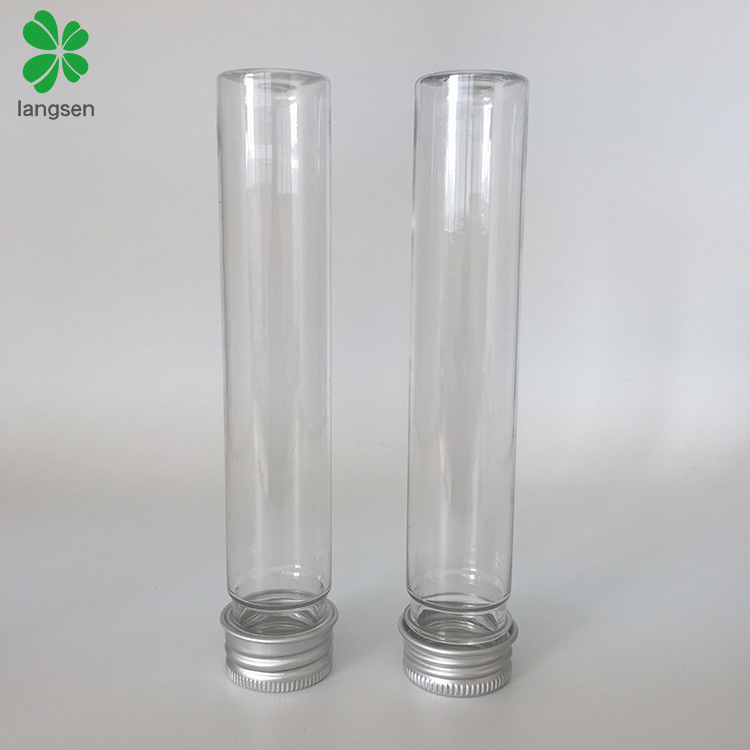 Plastic PET 65ml clear test tube bottle with aluminum screw cap plastic flat base bottom for cosmetic face mask, candy, food