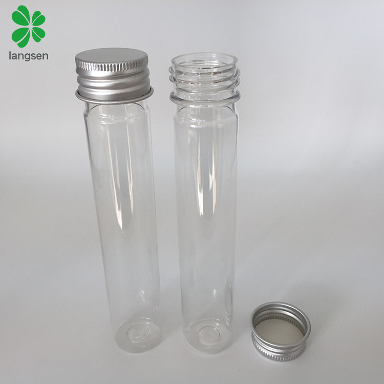 Plastic PET 65ml clear test tube bottle with aluminum screw cap plastic flat base bottom for cosmetic face mask, candy, food