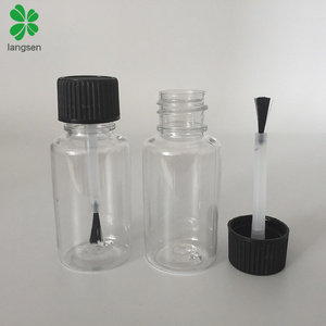 Empty 20ml plastic PET transparent bottle with black brush lid applicator, glue, touch up paint, nail oil container bottle