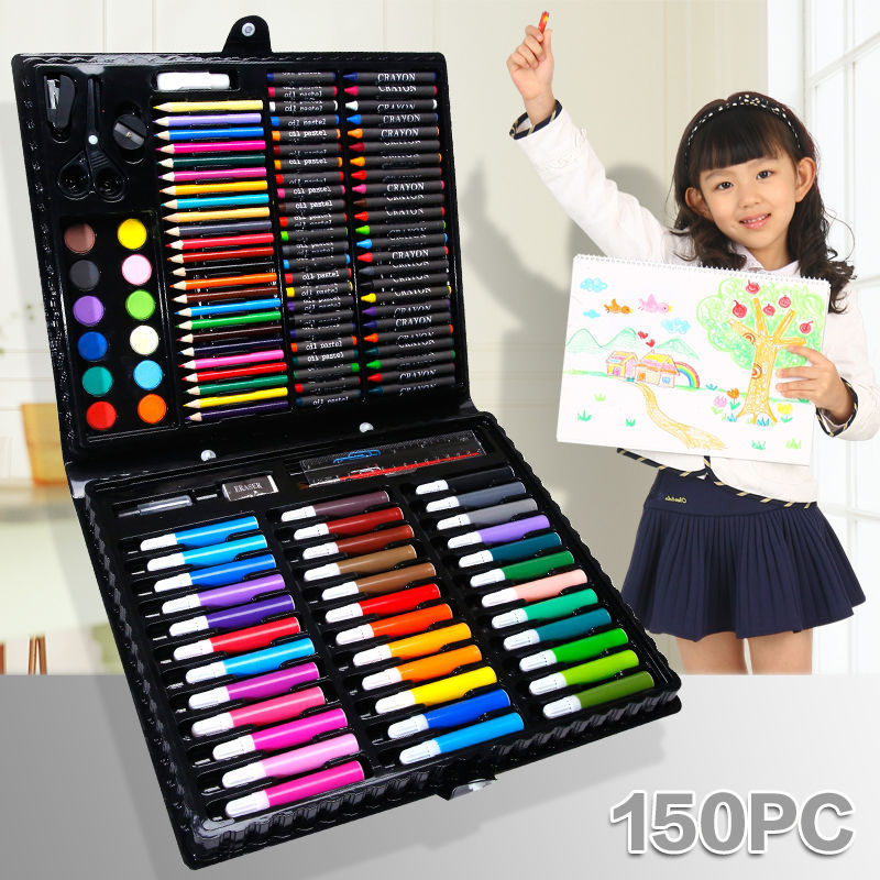 2024 New Item Art Products 150 Pcs Painting Tools Wooden Box Drawing Set For Kids School Arts Supplies