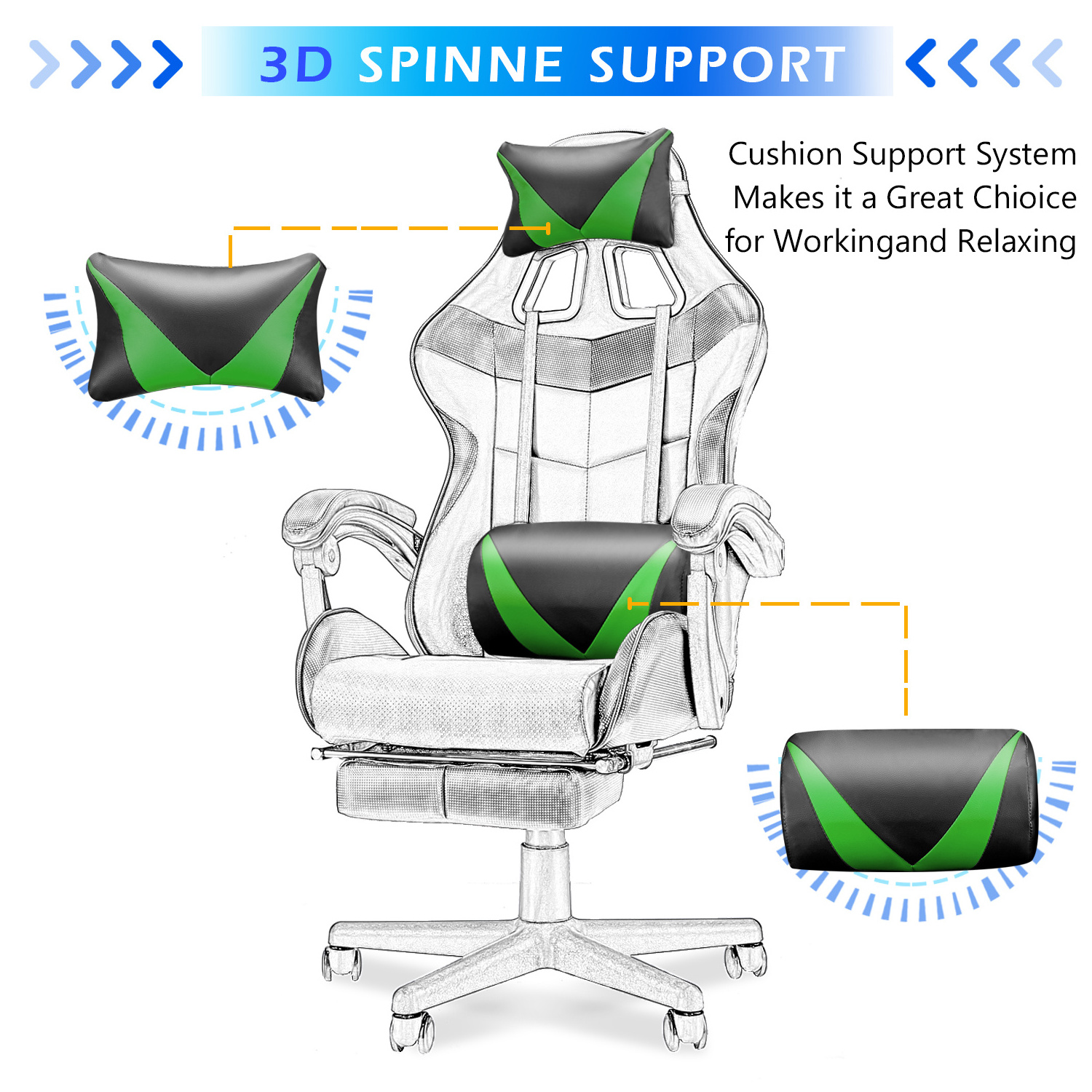 Factory Price green Light Up Glowing Massage 135 degrees Recliner E-sport Silla Gamer Gaming Chair