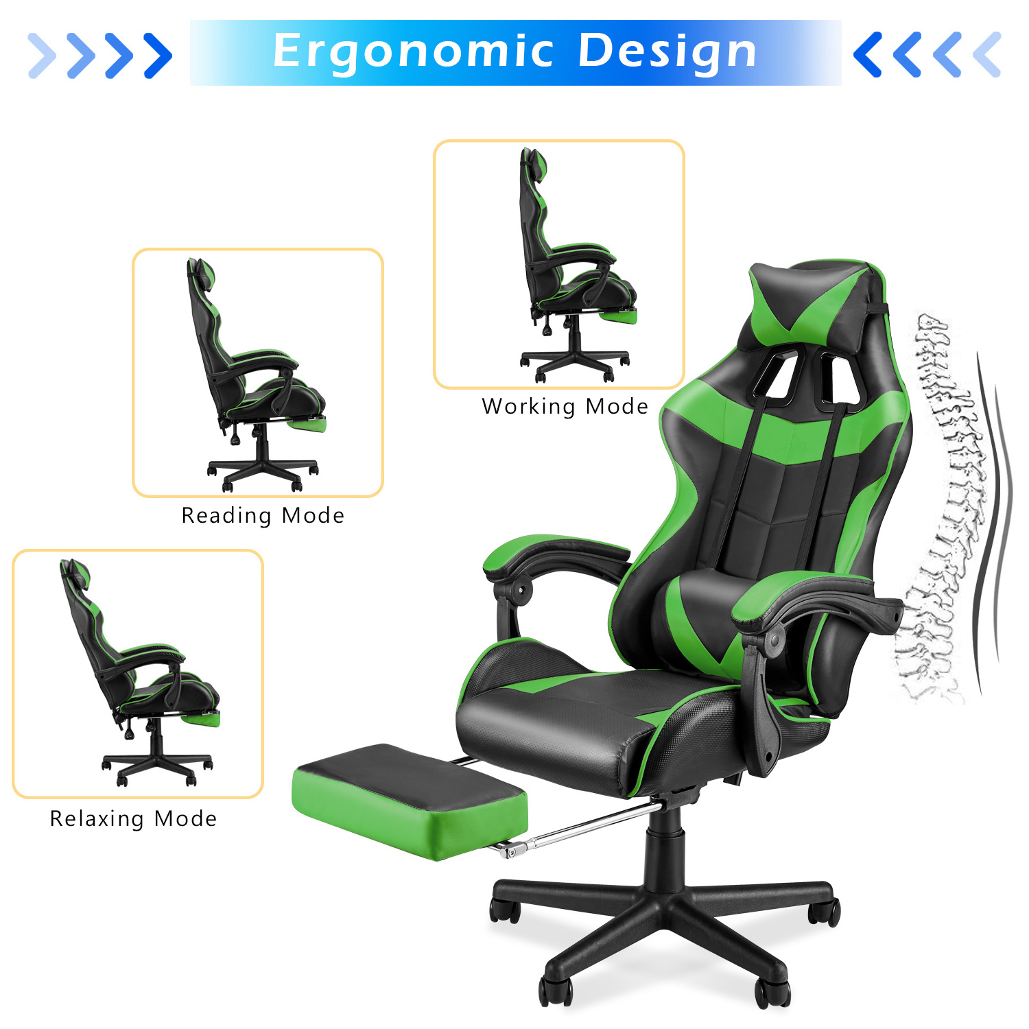 Factory Price green Light Up Glowing Massage 135 degrees Recliner E-sport Silla Gamer Gaming Chair