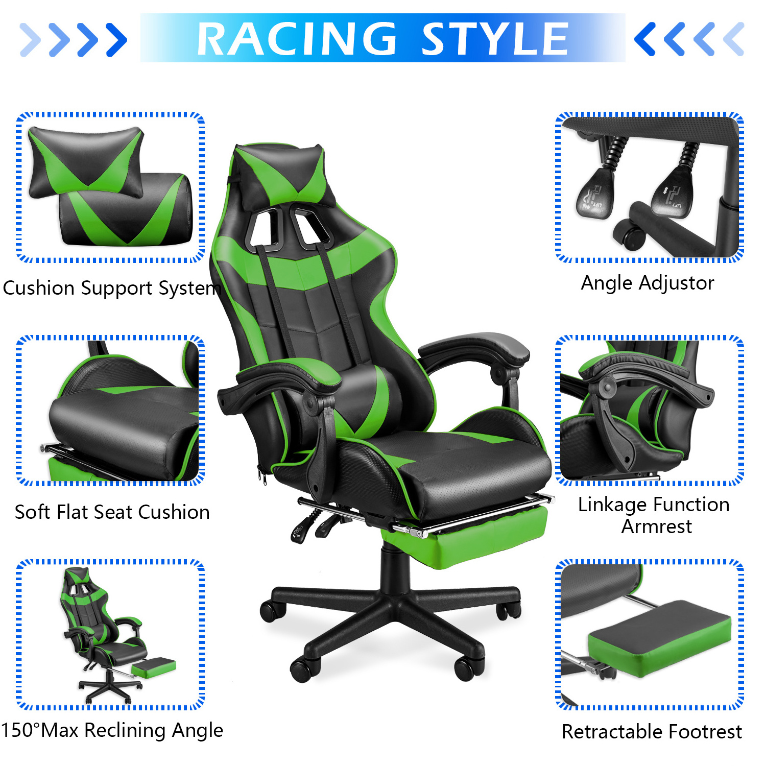 Factory Price green Light Up Glowing Massage 135 degrees Recliner E-sport Silla Gamer Gaming Chair