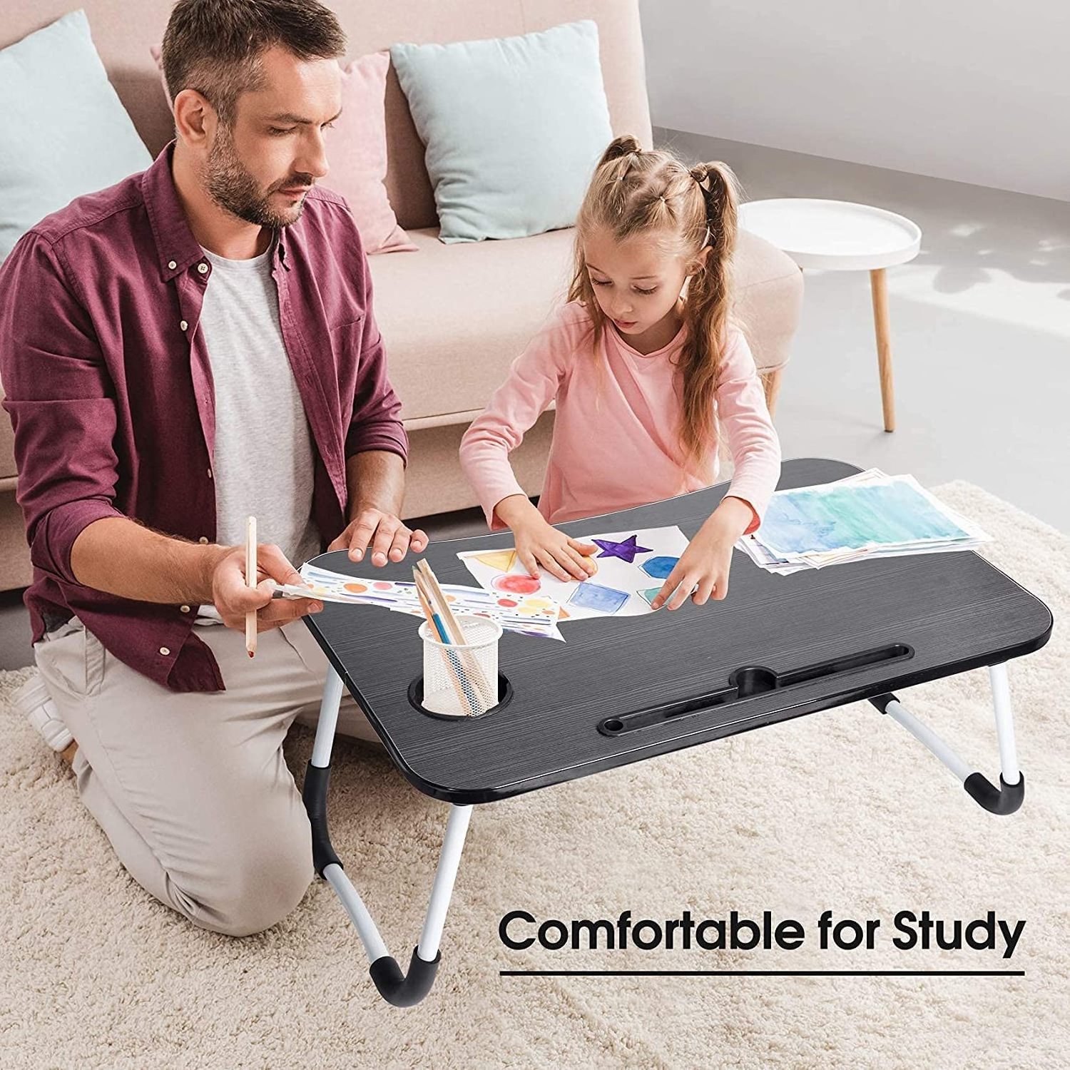 Foldable Bed Tray with Storage Drawer-Cup Holder Stand Lap Desk Writing Reading Eating Portable Sofa Notebook Table