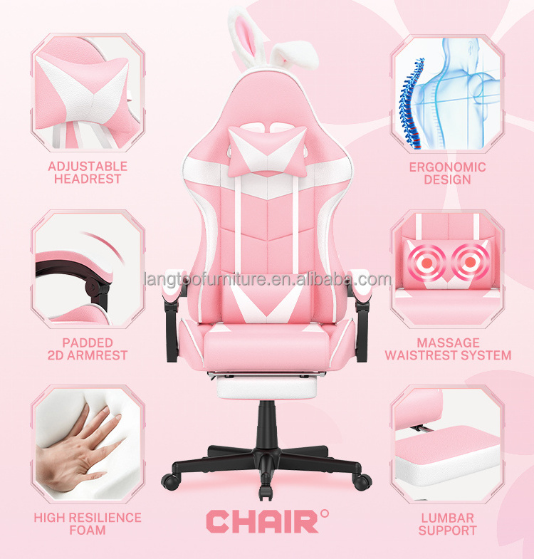 Cheapest Height Adjustable Office Chair Gaming Chair Pink With Headrest Lumbar Cushion