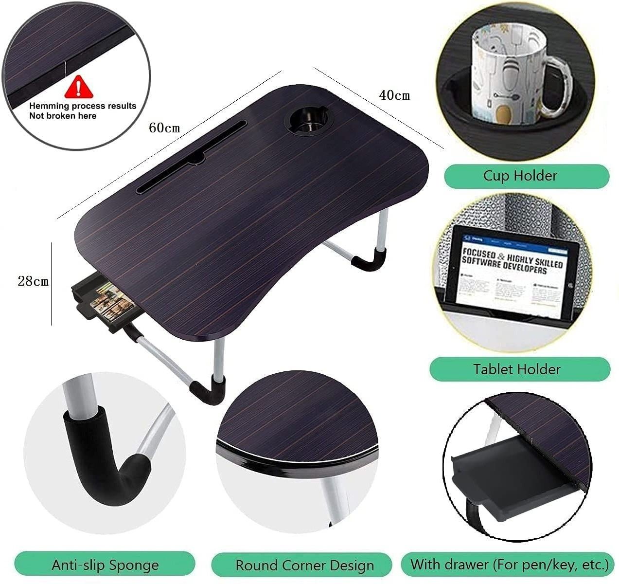 Foldable Bed Tray with Storage Drawer-Cup Holder Stand Lap Desk Writing Reading Eating Portable Sofa Notebook Table