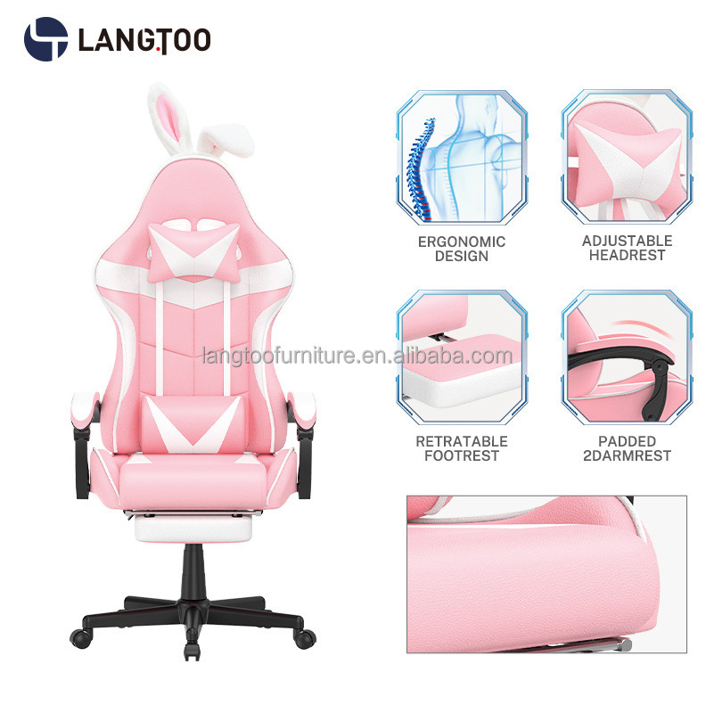 Cheapest Height Adjustable Office Chair Gaming Chair Pink With Headrest Lumbar Cushion