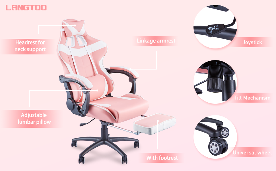 Cheapest Height Adjustable Office Chair Gaming Chair Pink With Headrest Lumbar Cushion