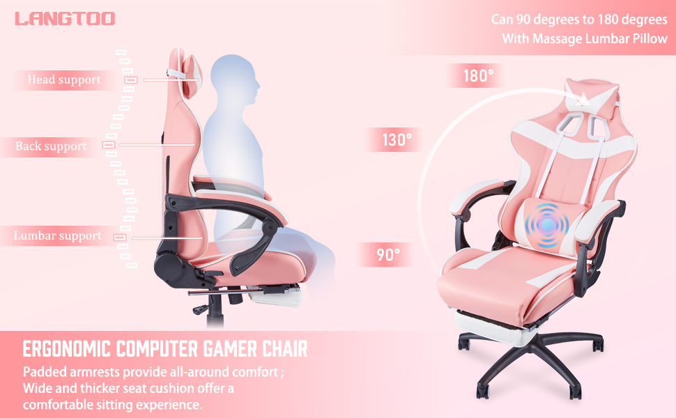 Cheapest Height Adjustable Office Chair Gaming Chair Pink With Headrest Lumbar Cushion