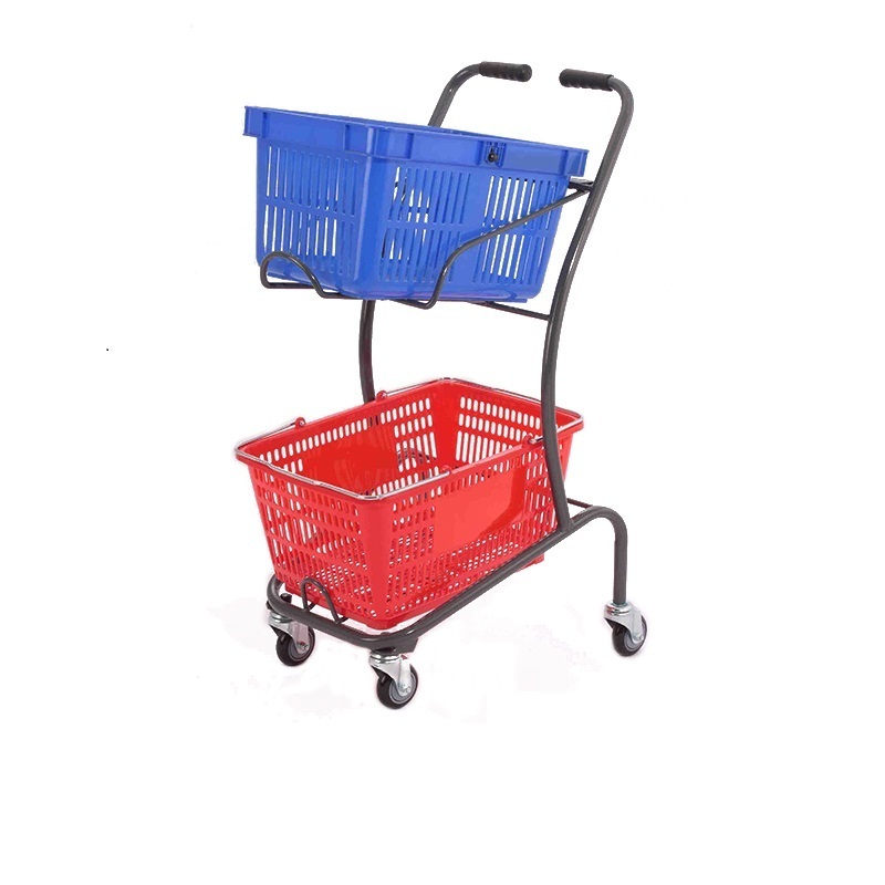 Japanese style high quality double basket cheap supermarket push shopping cart 2 baskets trolley with wheels