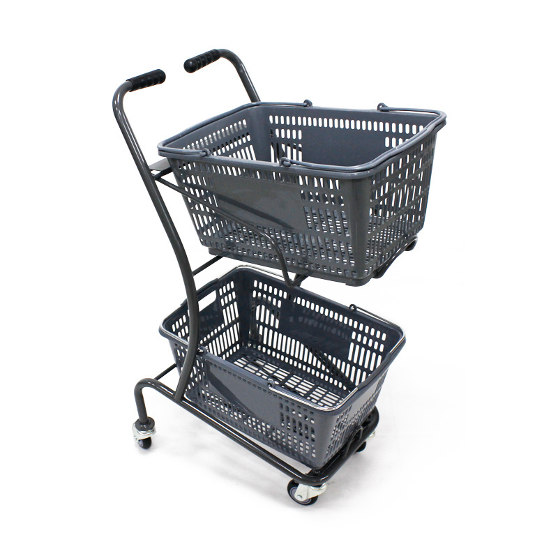 Japanese style high quality double basket cheap supermarket push shopping cart 2 baskets trolley with wheels