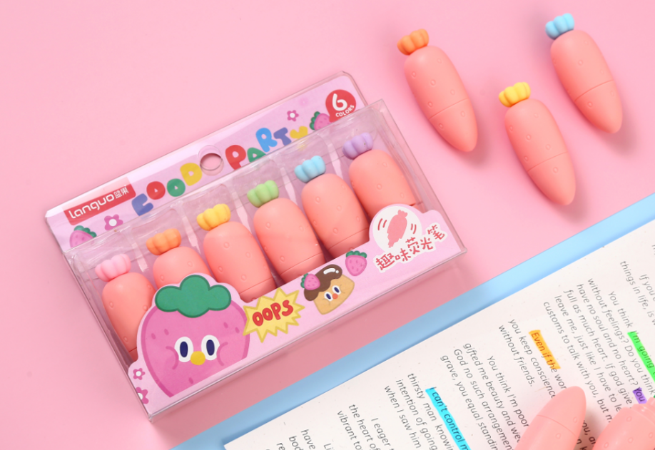 Carrot Shaped Kids School Six Color Creative Highlighter Set