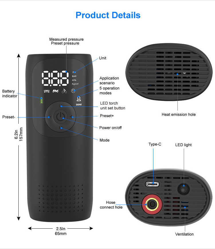 4000mAh Rechargeable Lithium Battery 150 PSI Mini Air Pump Digital LED Screen Tire Inflator Portable Air Compressor with Gauge