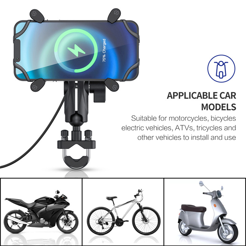 New Arrival Qi Wireless Charging 15W 360 Rotation Aluminum Motorcycle Bike Handlebar Mounted Mobile Phone Holder