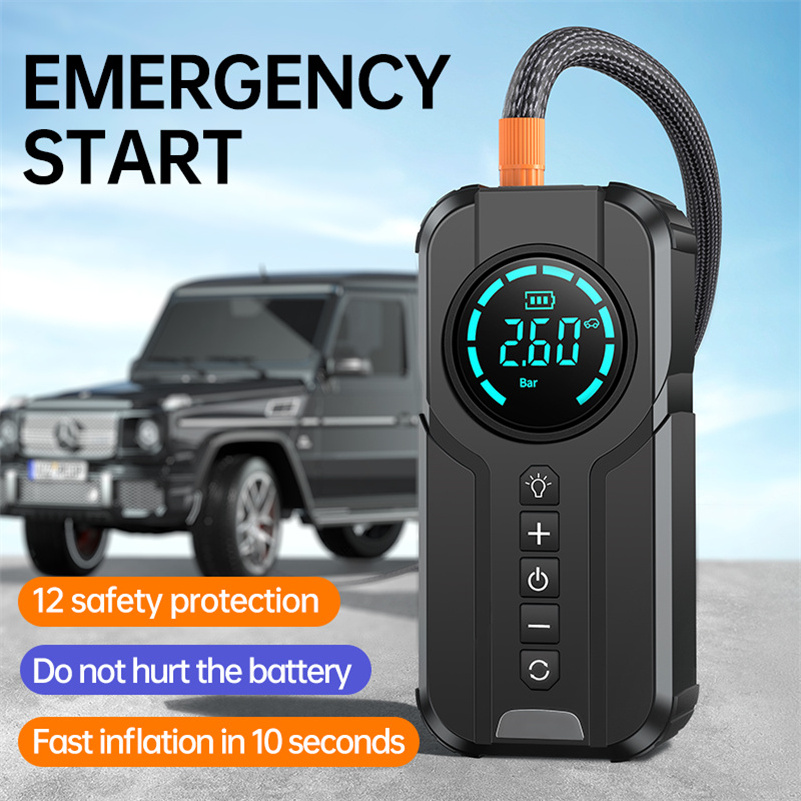 Emergency Car Tools 6 in 1 Functions Ultra-safe Auto Tire Inflator 12V Jump Starter with Air Compressor