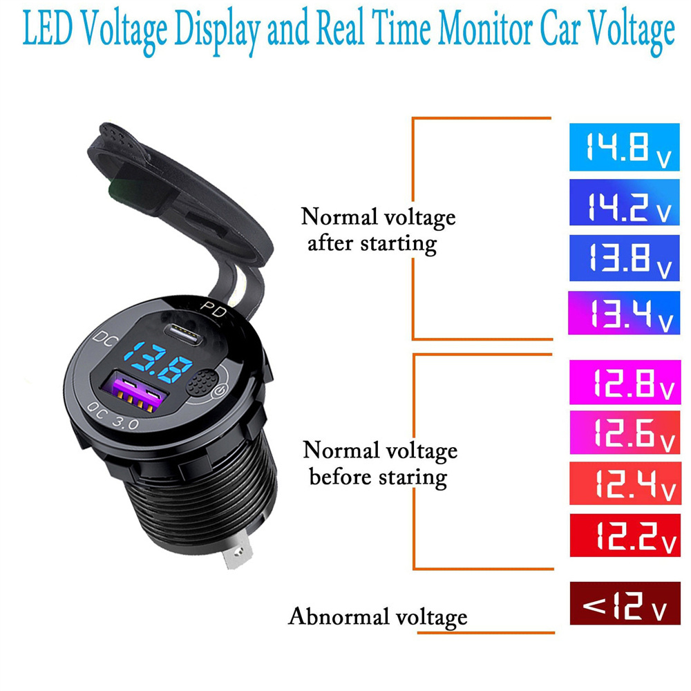 IP66 Waterproof Aluminum Alloy 12V QC 3.0 Fast Charger Dual USB Charger Type C Mobile Phone Car Socket Charger