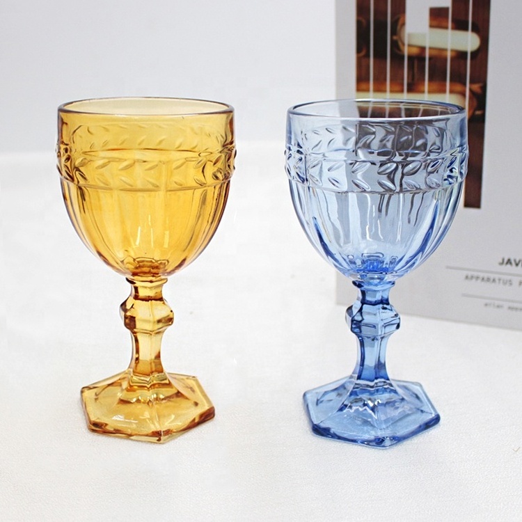 LANGXU 320ml Custom Classic Amber Blue Goblet Vintage Glass Red Wine Drinking Cup Crystal Wine Glasses Sets