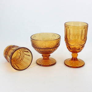 LANGXU amber gold colors goblet stemless embossed diamond cut wine glasses glassware for home decoration