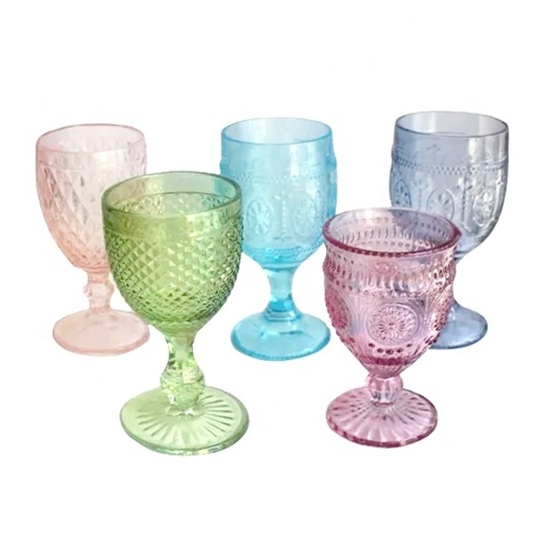 LANGXU wholesale pressed glass water blue pink green color medieval wine goblets