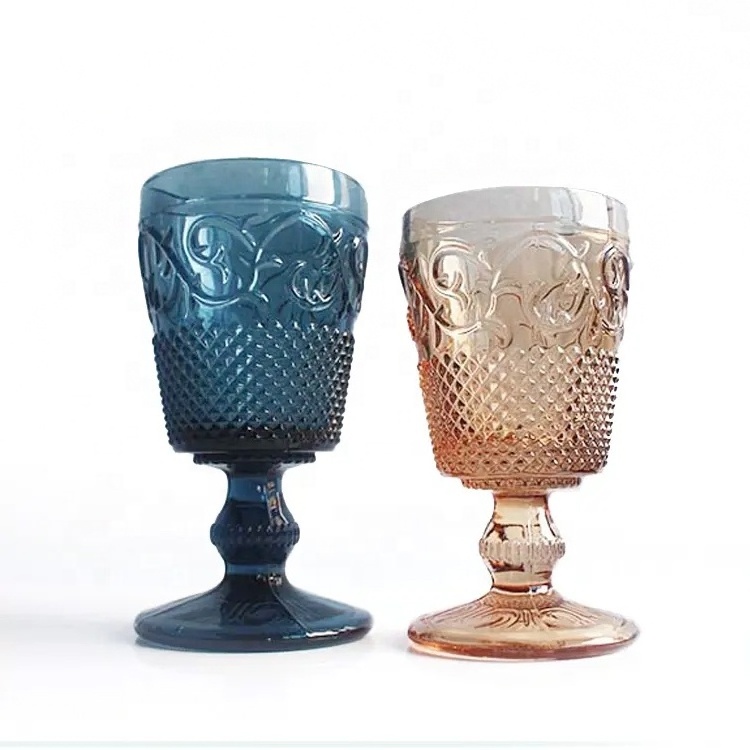 LANGXU wholesale pressed glass water blue pink green color medieval wine goblets