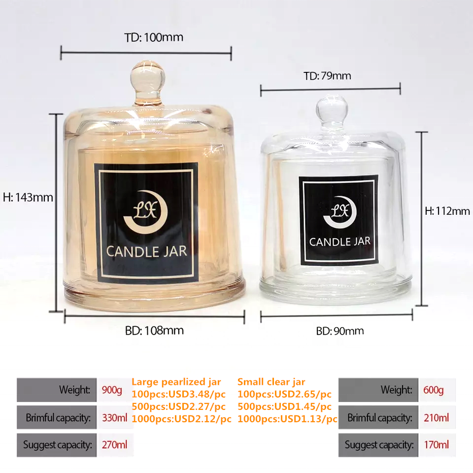 LANGXU luxury empty clear glass candle holder 270ml 6 oz 9 oz amber candles glass jars with Bell Cloche Dome Lid