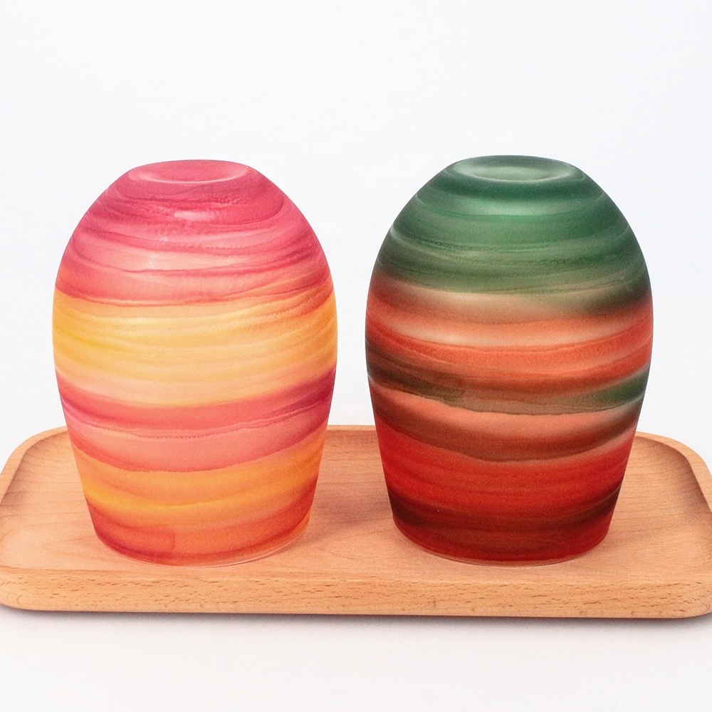 LANGXU egg shaped creative machine blown Colorful pattern antique colored 16OZ Glass Candle Jars for scent candles