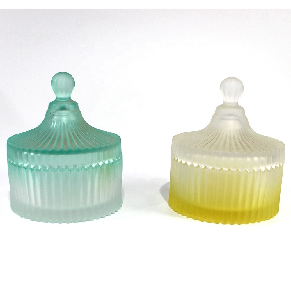 LANGXU ribbed cylinder colorful small glass jar with lid for candle jar with glass lid