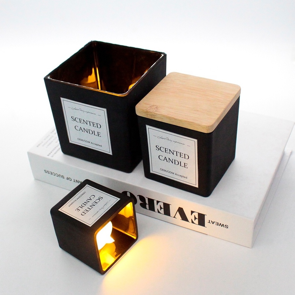 LANGXU luxury coloured recycled black jars square vanilla scent glass candle jar wide with luxury bamboo lid