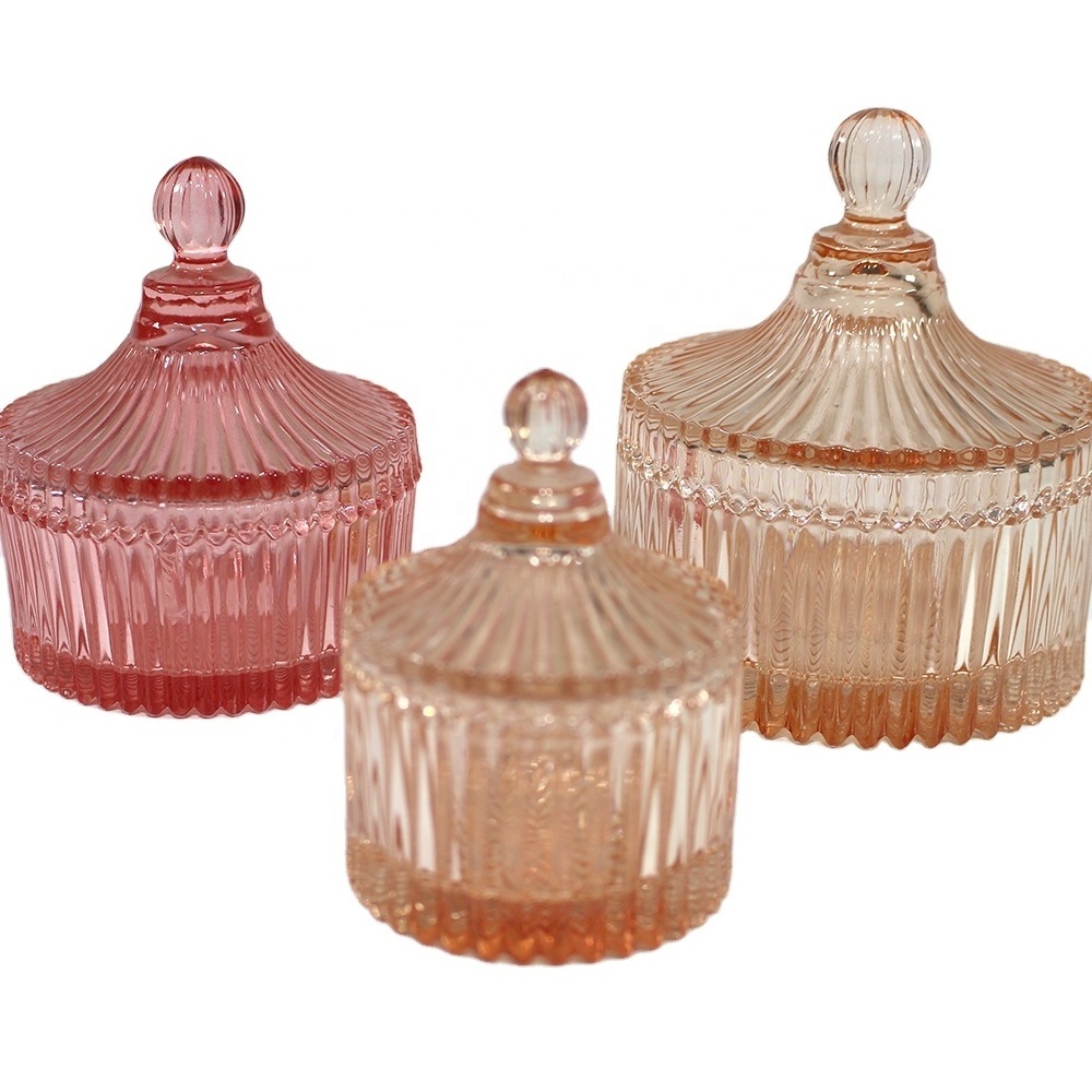 LANGXU ribbed cylinder colorful small glass jar with lid for candle jar with glass lid