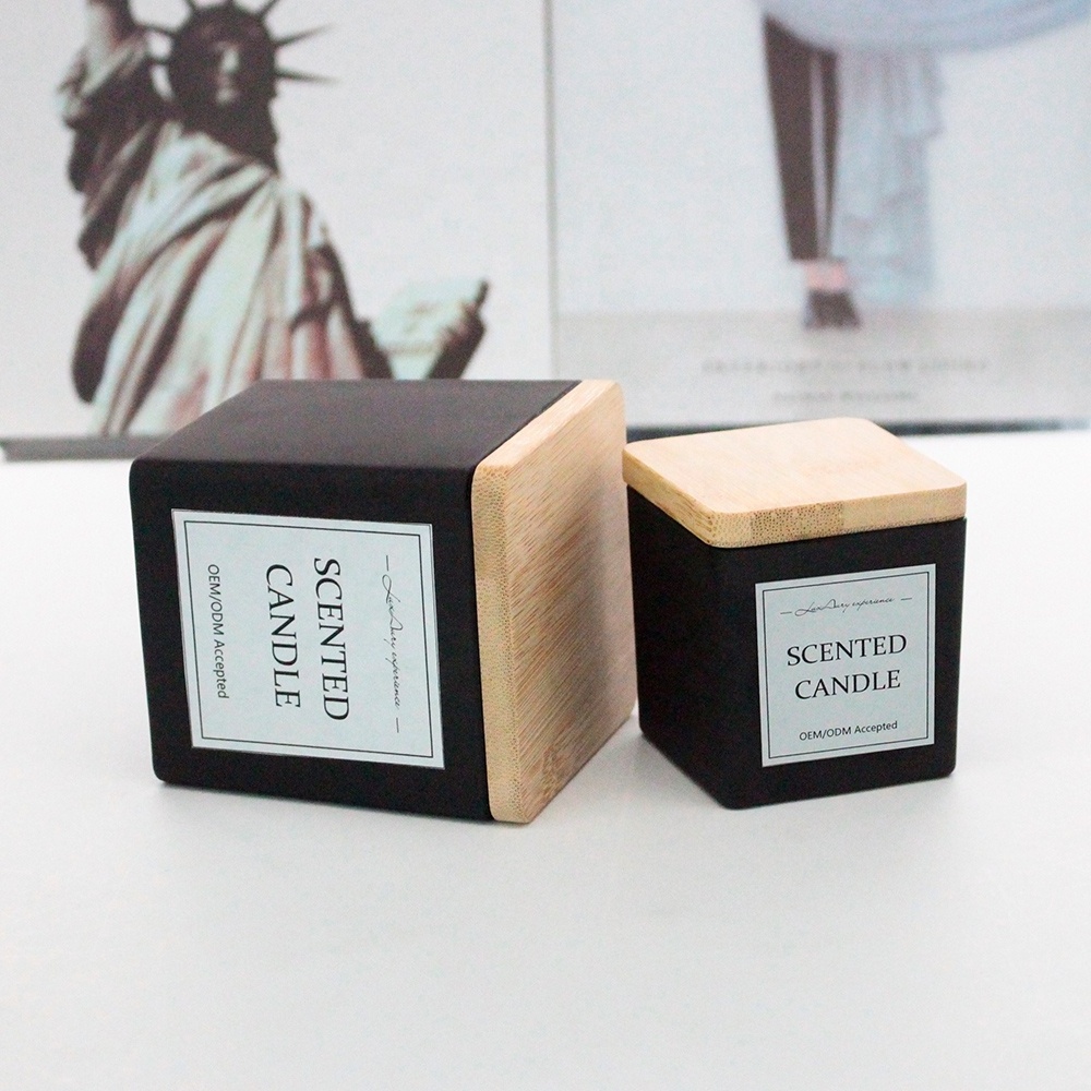 LANGXU luxury coloured recycled black jars square vanilla scent glass candle jar wide with luxury bamboo lid