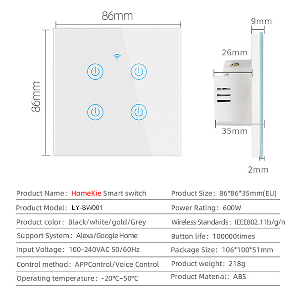 Langyeao Tuya EU UK Light Switch 1/2/3/4 Gang Glass Panel HomeKit Apple Smart Home WiFi Wall Smart Touch Electrical Switch