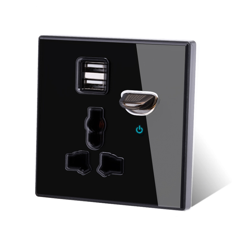 13A Universal Power Socket with USB Wall Outlet With LED Black Glass UK Malta Ireland EU Europe France Socket Wall Plug