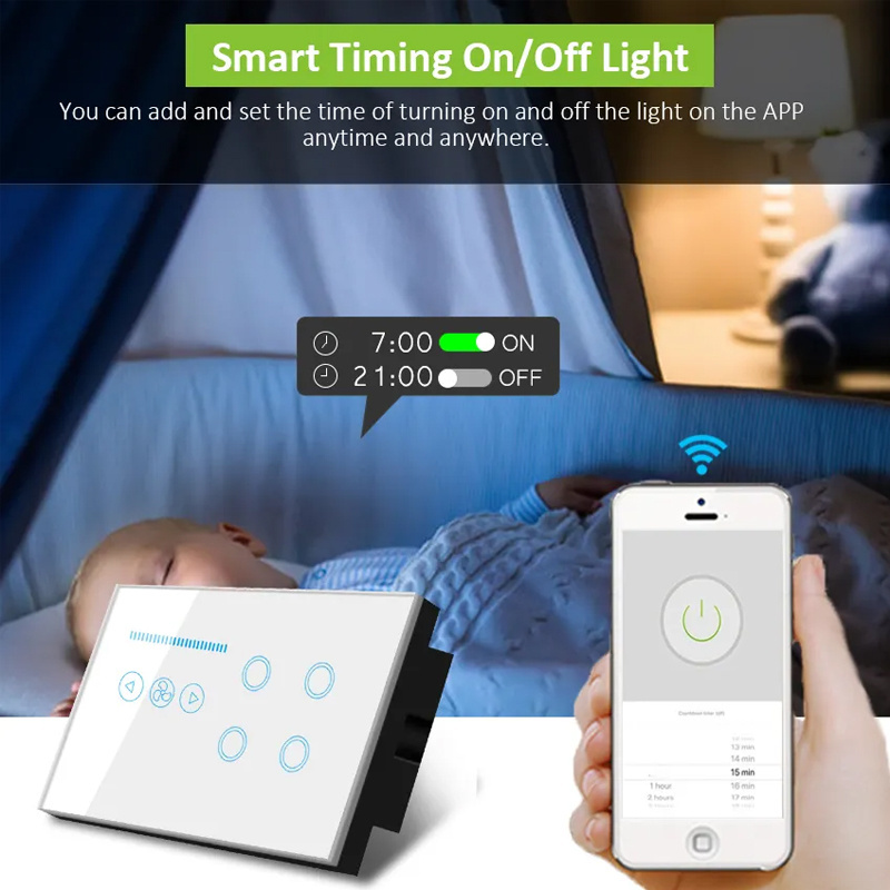 Customize UK Smart Touch 4 Gang WiFi Light Switch with WiFi Ceiling Fan Switch Tempered Glass Panel Work Alexa Google