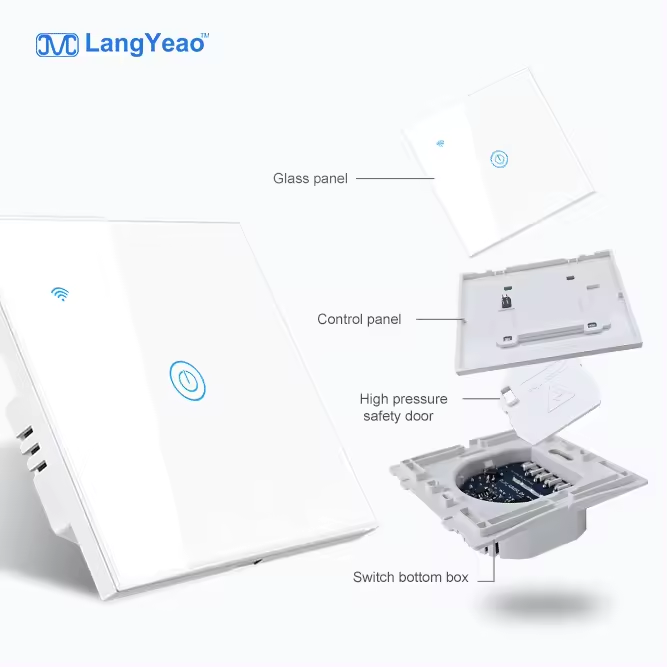 Langyeao EU UK 1/2/3/4 Gang Tuya Smart Switch Light Alexa Voice Control Touch Glass Wall Wireless WiFi  ethernet smart switch