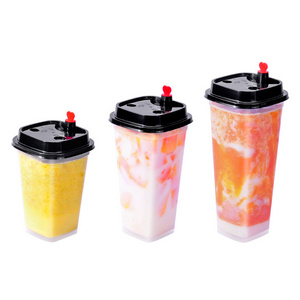 Factory Wholesale Clear Disposable Plastic Cup Boba Bubble Tea Pp Injection Square Cup With Lid