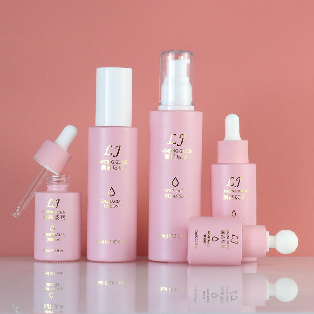 luxury skincare cosmetic packaging perfume skin care cosmetics containers set frosted pink glass oil dropper serum bottle 30ml