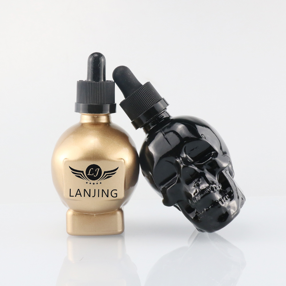 perfume 30ml 60ml 120ml skin care packaging skull head shape glass skull 1oz glass beard oil  dropper bottle for Wine container