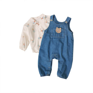 Newborn Babies' Spring and Autumn Clothes Korean Version Baby Cartoon Bear Cowboy Overalls Sleeveless Pajamas Jumpsuit