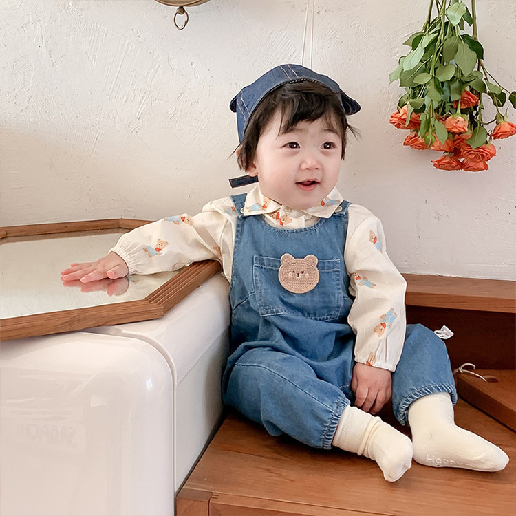 Newborn Babies' Spring and Autumn Clothes Korean Version Baby Cartoon Bear Cowboy Overalls Sleeveless Pajamas Jumpsuit