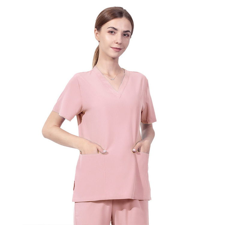 Stretch Doctor's Uniform Short-sleeved Nurse Uniform Beauty Hospital Polyester Blouse Womens Operating Room Scrubs Top