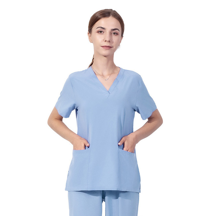 Stretch Doctor's Uniform Short-sleeved Nurse Uniform Beauty Hospital Polyester Blouse Womens Operating Room Scrubs Top