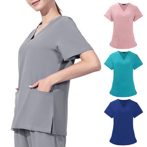 Stretch Doctor's Uniform Short-sleeved Nurse Uniform Beauty Hospital Polyester Blouse Womens Operating Room Scrubs Top