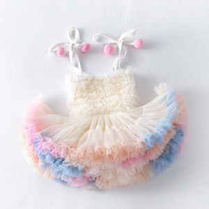 Child Girl's Halter Design Princess Puffy Veil Cake Dress Sleeveless Kids Ballet Training Ruffle Skirt Tutu Dress for Girls