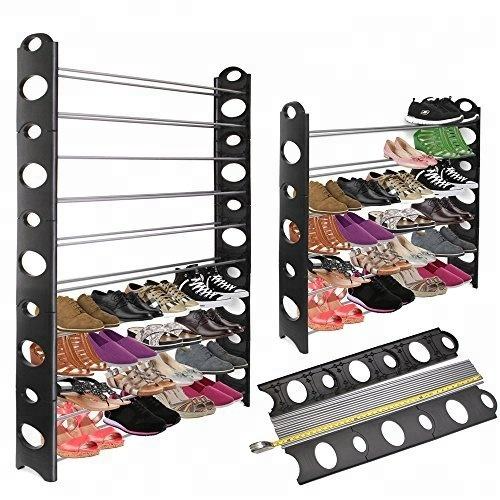 XJ-16 Hot Sale 50 Pairs Folding Stackable Plastic Shoe Rack With 10 Tiers Space Saving Storage Organizer