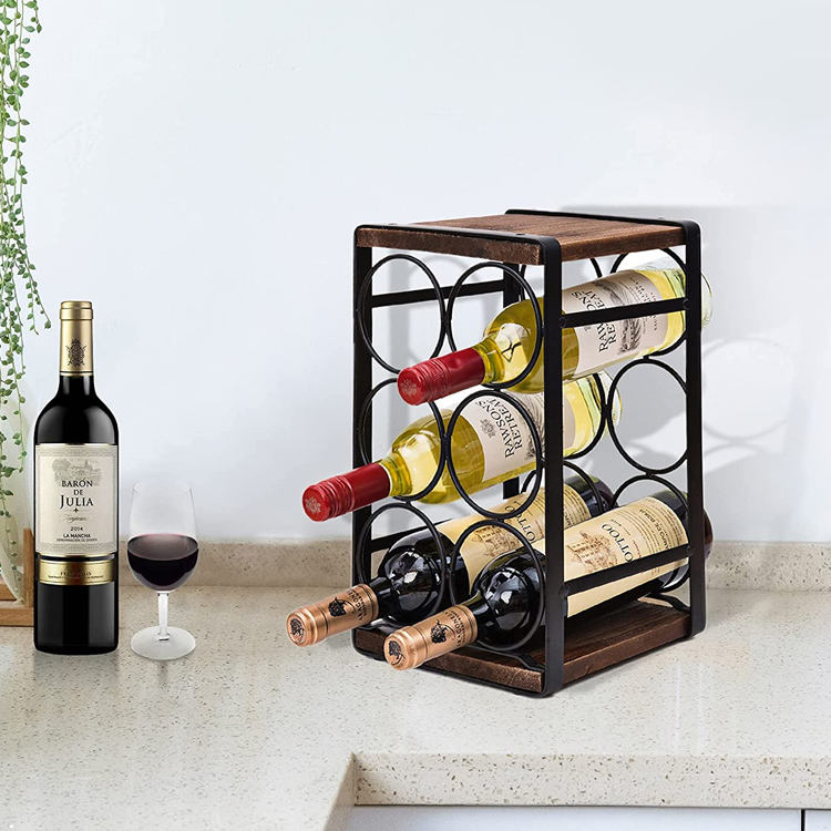 JJ-22 Solid Wood And Whisky Bottle Display Stand Rustic Wood Countertop Wine Rack 6 Bottles No Need Assembly