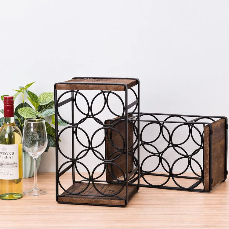 JJ-22 Solid Wood And Whisky Bottle Display Stand Rustic Wood Countertop Wine Rack 6 Bottles No Need Assembly